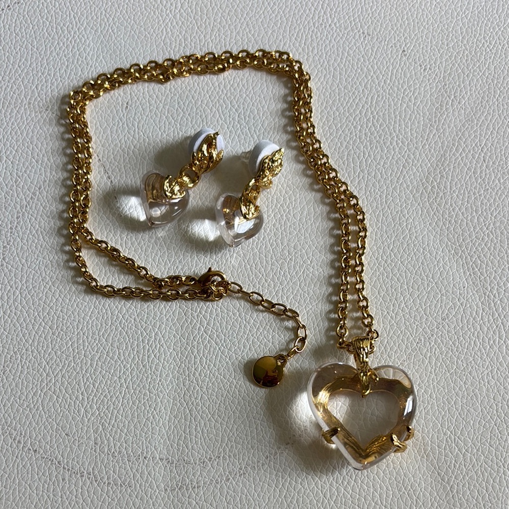 Gold and Clear Heart Necklace and Earrings Set